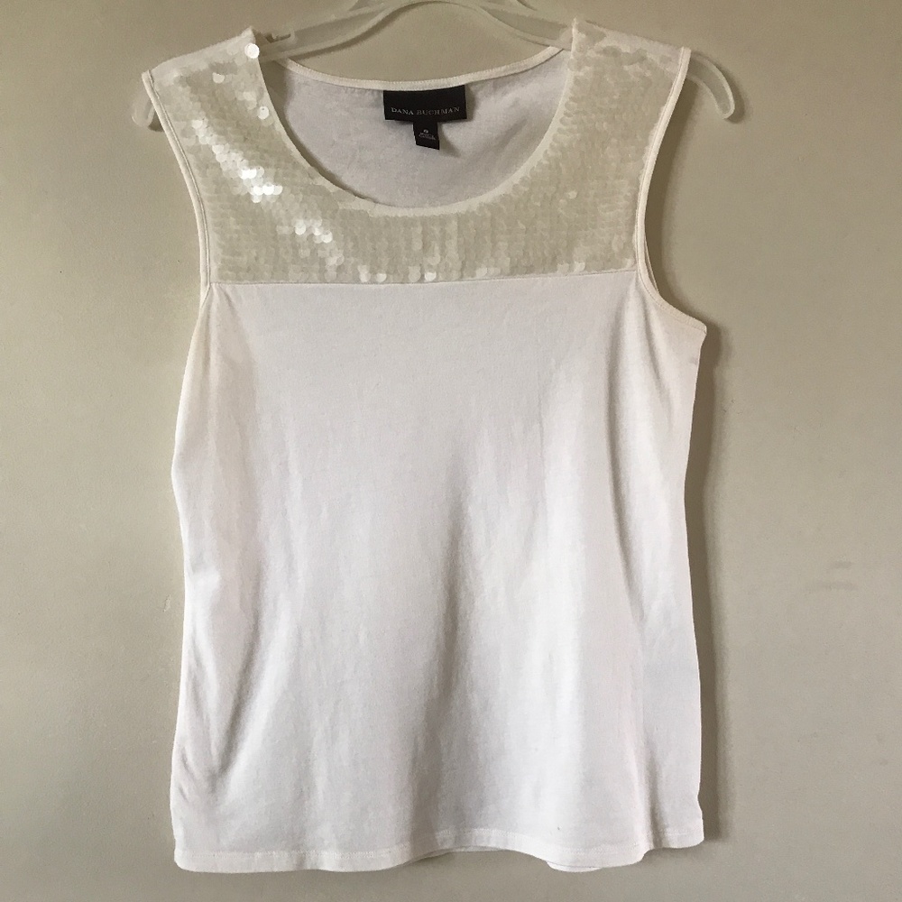Dana Buchman Top with Sequin Bodice. Ivory. Small.